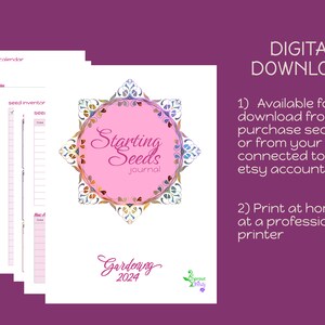 May include: A digital download for a printable gardening journal with a colorful mandala design. The journal cover features the text "Starting Seeds Journal" and "Gardening 2024".