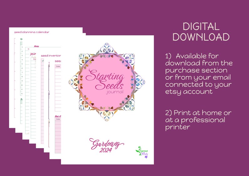 May include: A digital download for a printable gardening journal with a colorful mandala design. The journal cover features the text "Starting Seeds Journal" and "Gardening 2024".