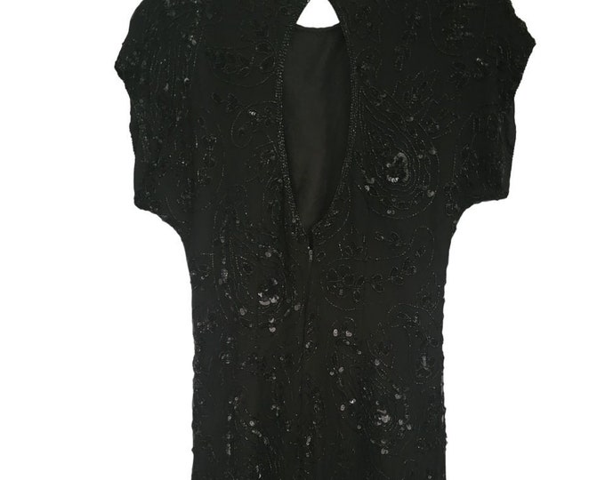 90s Lawrence Kazar New York Black Cocktail Dress  Pure Silk Size S Sequences Vintage