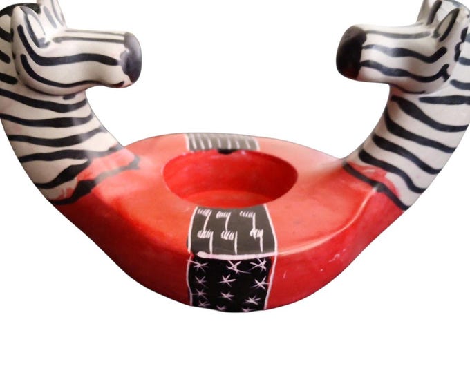Vintage Soapstone Kenya Zebra Two-Head Tealight Candle Holder • Black White Red