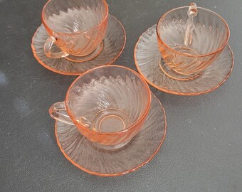 Vintage Pink Glass Swirl Rosaline Arocroc, France Teacups & Saucers set of 3