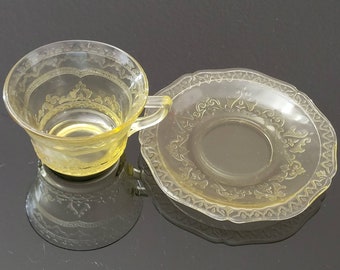 Vintage Tea Cup Saucer Depression Glass Yellow Federal Patrician Early American Pressed Glass 1930
