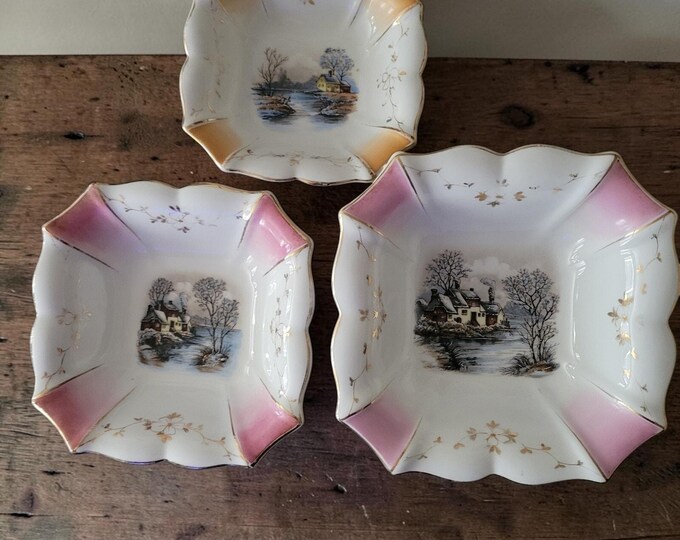 1850-1899 Vieux Old Paris Style Porcelain Bowls Set 3 Winter Cottage Antique