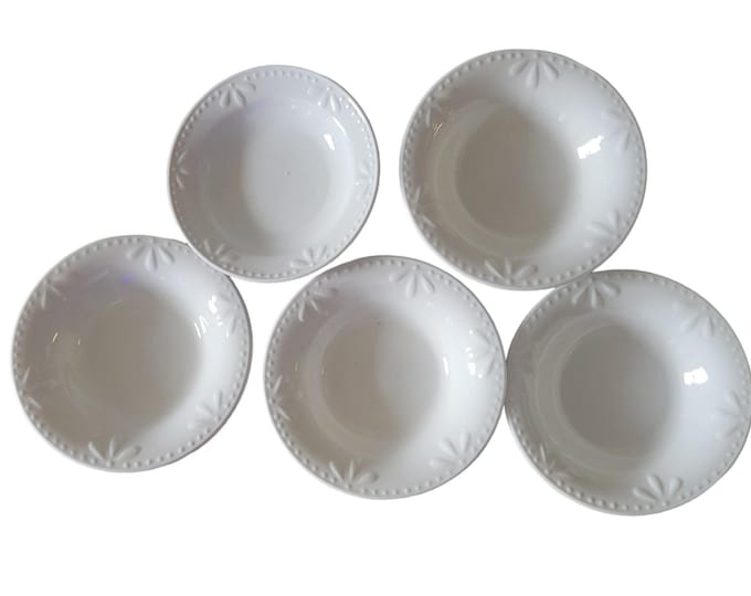 Vintage Embossed Fan Dot Bowls: White Ceramic Salad and Berry Set