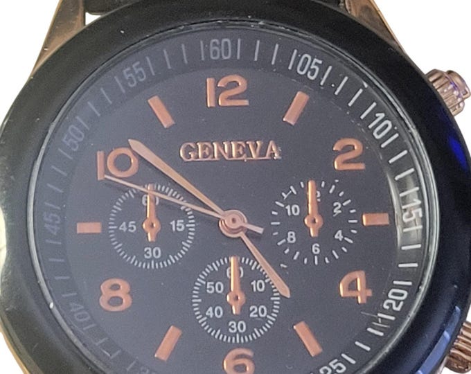 Geneva Mens Watch Chronograph styled new battery black dial copper numerals