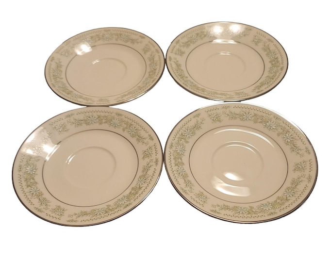 Noritake Lexine 7007 Ivory China Saucers Blue Floral Vintage Platinum Trim Set 4