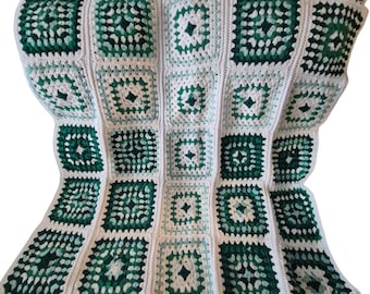 Large Crochet Granny Square Blanket Afghan White Two Green Colors 58 x 42 Heavy