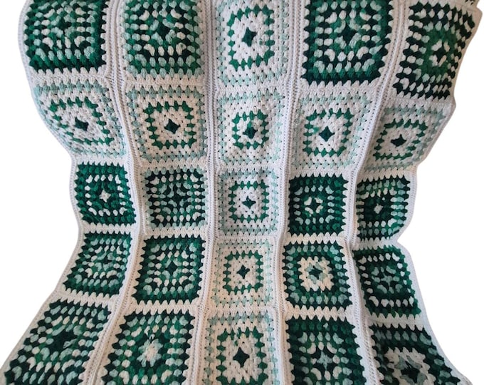 Large Crochet Granny Square Blanket Afghan White Two Green Colors 58 x 42 Heavy