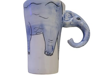 Vtg Unique Large White Cup Mug  Blue Elephant Head on handle by Sherwood Y2K