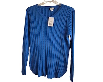 Kim Rogers Sweater Women Large Blue Cable Knit V-Neck Long Sleeve NWT