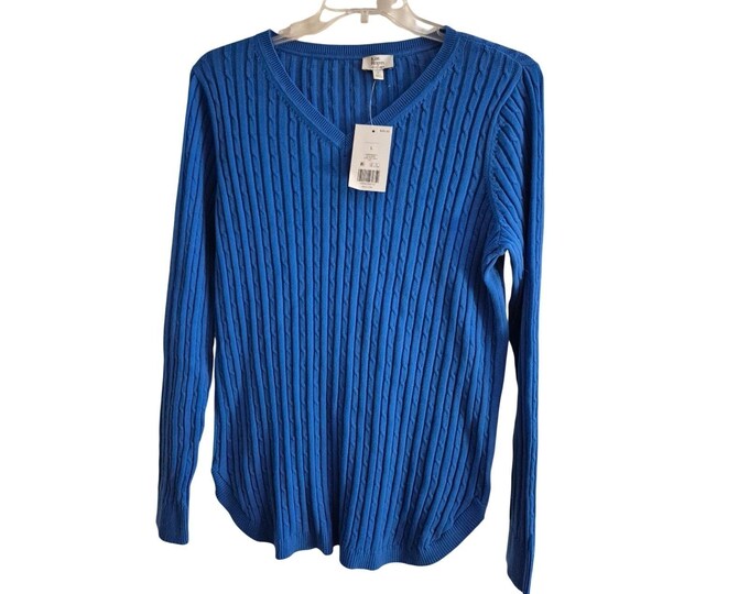 Kim Rogers Sweater Women Large Blue Cable Knit V-Neck Long Sleeve NWT