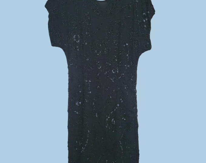 Vintage 1990s Laurence Kazar NY Black Pure Silk Beaded Cocktail Dress Small