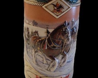 Vintage Budweiser Holiday Stein 1993 Special Delivery Beer Mug Nora Koerber Ceramarte Brazil American Homestead
