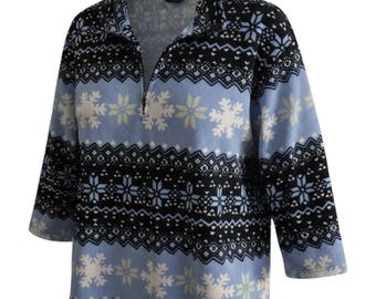 Oleg Cassini Fleece Pullover Women 2X Blue Fair Isle Snowflake Winter Cabin, Y2K