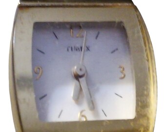 Vintage Timex Women Gold-Tone Square Case Watch Split Rail Open Bangle
