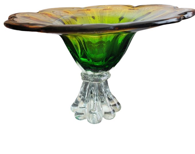 Vintage Art Glass Murano? Hand Blown Brown Green White Flower Pedestal Unique