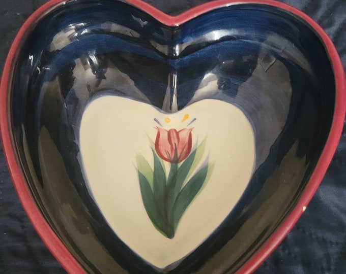 Vintage Hand Painted Tulip Bowl: Heart Shape, Signed P Silkotch 1992