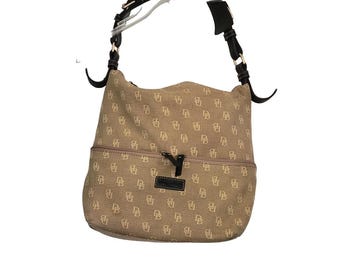 Vtg Dooney & Bourke Hobo Bag Large Tan Monogram Vintage Y2K Logo Canvas Leather