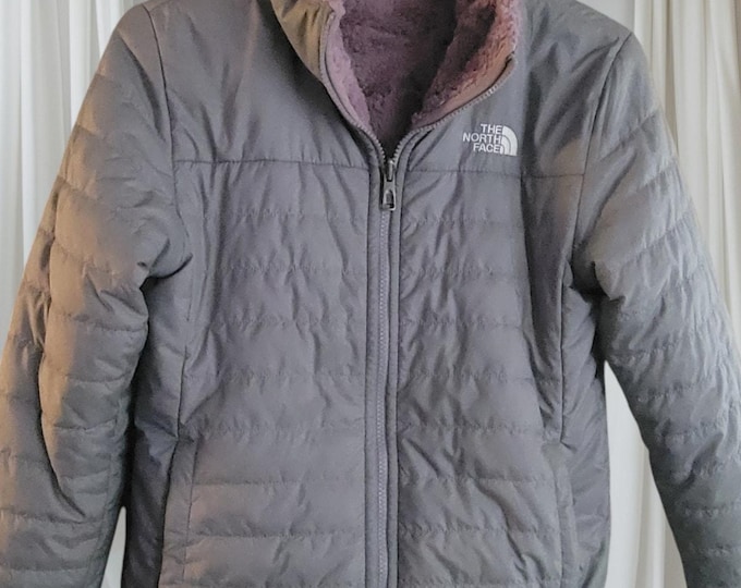 The North Face Girls 14/16 Mossbud Reversible Jacket Gray Purple Fleece Puffer