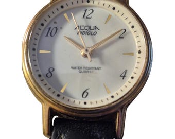 Vintage Acqua Timex Ladies Watch Leather Band Classic Goth Style with New Battery