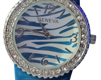 Geneva Cuff Watch: Y2k Zebra Dial with Seaside Crystals