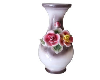 Italian Capodimonte Vase Hand-Applied Roses Mid-Century Decor Porcelain 11 in