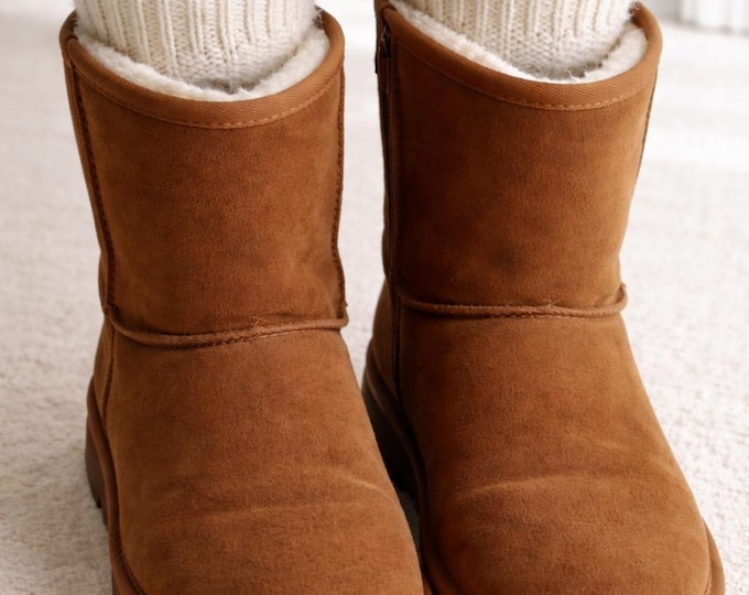 Time and Tru UGG Style Mid-Calf Leather Boots Size 8 Chestnut Fur Lined Quality