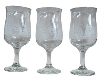 Vintage Christmas Wine Glasses Winter Wonderland Frosted Tulip Hand Blown Set 3
