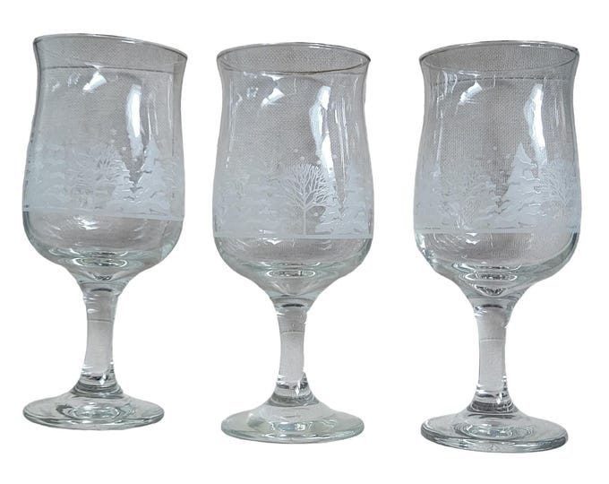 Vintage Christmas Wine Glasses Winter Wonderland Frosted Tulip Hand Blown Set 3