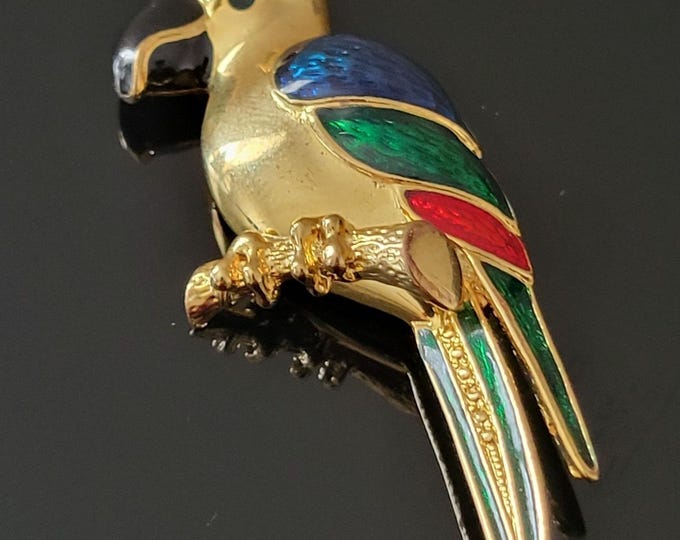 Vintage Eye Catching Parrot Bird Brooch Enamel Dark Blue Eye Tropical Vacation