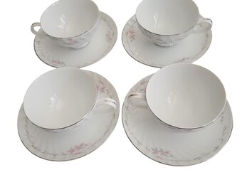 MCM Porcelain Cup and Saucer Set: Pink Floral, Silver Trim (Set of 4)