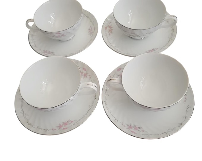 MCM Porcelain Cup and Saucer Set: Pink Floral, Silver Trim (Set of 4)