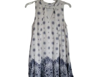 Vintage Geometric Rayon Mini Dress: Boho Sleeveless Babydoll, Size M