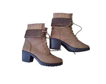 Ashley Blue RiRi Tan Vegan Ankle Boots Women’s Size 11 Lace Up Booties Lace up