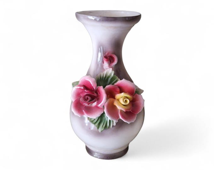 Italian Capodimonte Vase Hand-Applied Roses Mid-Century Decor Porcelain 11 in