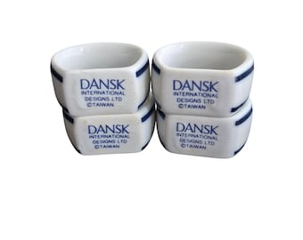 Vintage Dansk Bistro Napkin Rings Christianshavn Blue White Blue Set 4 Original Box