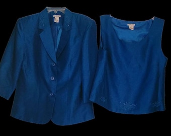 Vintage Neon Blue Silk Jacket & Vest Set: Embroidered Retro Glam, Medium
