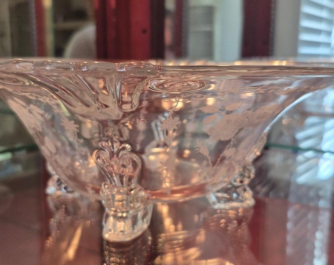 Rare Fostoria Midnight Rose Large Footed Serving Bowl | Etched Vintage Glass 1933-1957 | Elegant Depression Glass home Decor