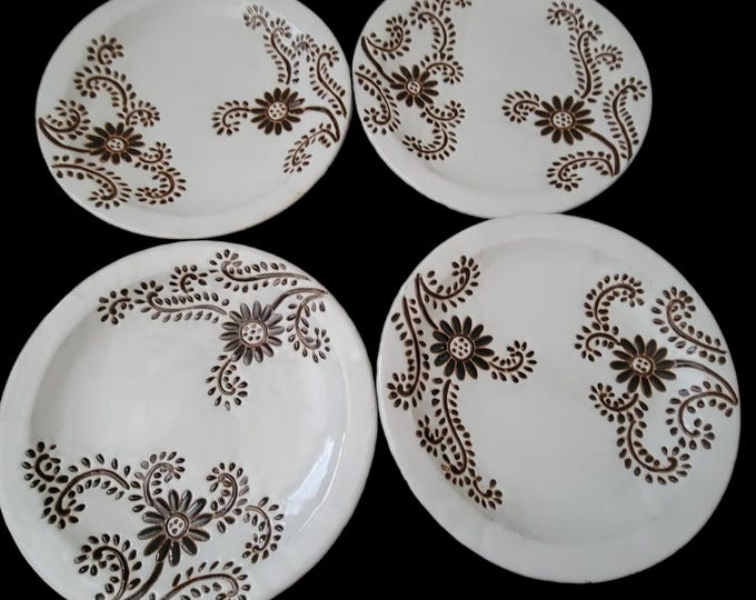 Rare Luxury Lamphun Ceramic Thailand Brown Raised Henna Design Mehndi Set of 4