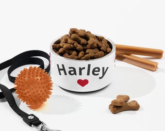 Custom Dual Wall Stainless Steel Pet Bowl – Black Paw Prints & Hearts with Personalized Name
