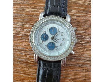 Foci Wristwatch Women Black Silver Rhinestone Bezel Chronograph Style Bling Y2K