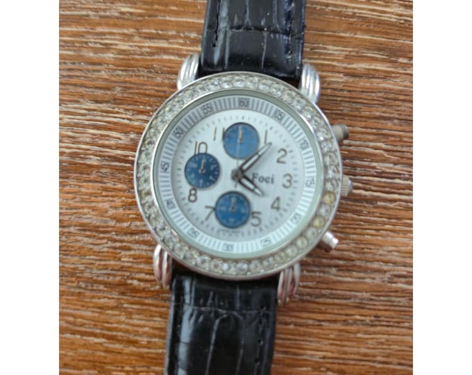 Foci Wristwatch Women Black Silver Rhinestone Bezel Chronograph Style Bling Y2K