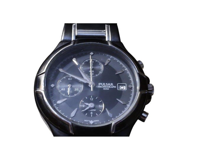 Pulsar Chronograph 50M Mens Watch Black Dial Two Tone Bracelet Alarm Date