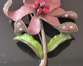 Retro Vintage Red Rose Flower Rhinestone Pin Brooch Leaves Stems Sparkle Glam