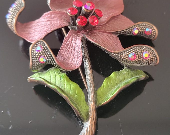 Retro Vintage Red Rose Flower Rhinestone Pin Brooch Leaves Stems Sparkle Glam