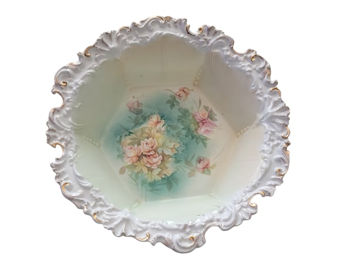 Vintage Antique? RS Prussia Porcelain Lusterware Bowl Teal Pink Roses