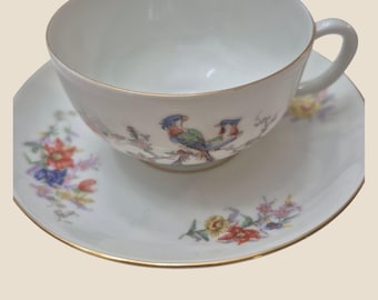 Carl Tielsch White Tea Cup Saucer Set 8pc Peasant Floral Antique 1920s Art Deco