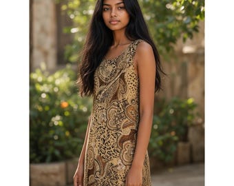 Premier International Dress Ladies L 14-16 Tan Paisley Animal Print Vintage 90s