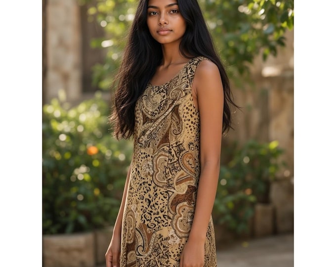 Premier International Dress Ladies L 14-16 Tan Paisley Animal Print Vintage 90s