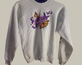 Vtg 90 Hanes Double Collar Butterfly Sweatshirt Adult S White Floral Grandmacore